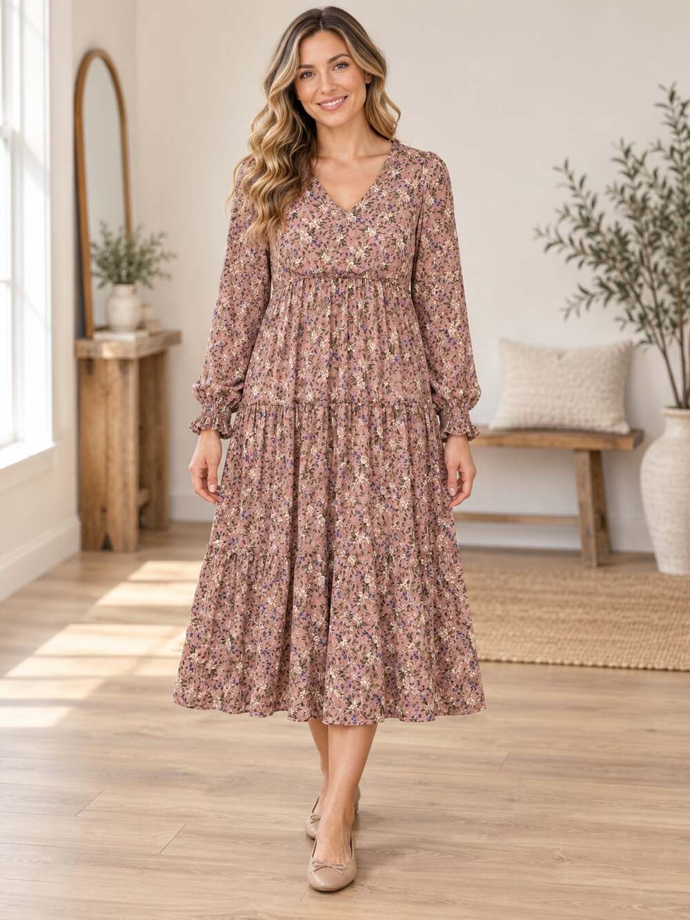 Brass And Roe Pink Floral Long Sleeve Tiered Maxi Dress XL